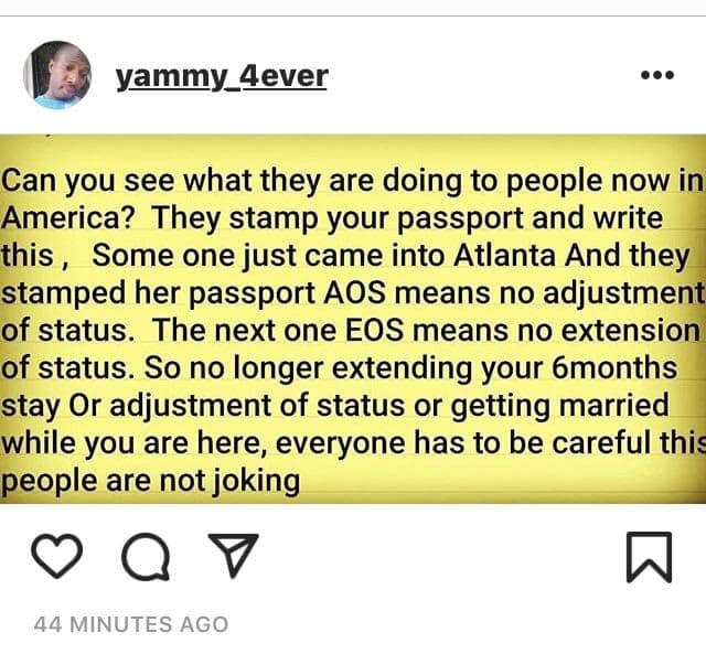 US Immigration Officers Now Stamps "No EOS / AOS" On Nigerian Passports 3