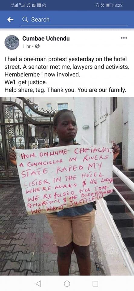 Lady Goes On 'One Man' Protest After Rivers Lawmaker Allegedly Raped Her Sister In Abuja 3