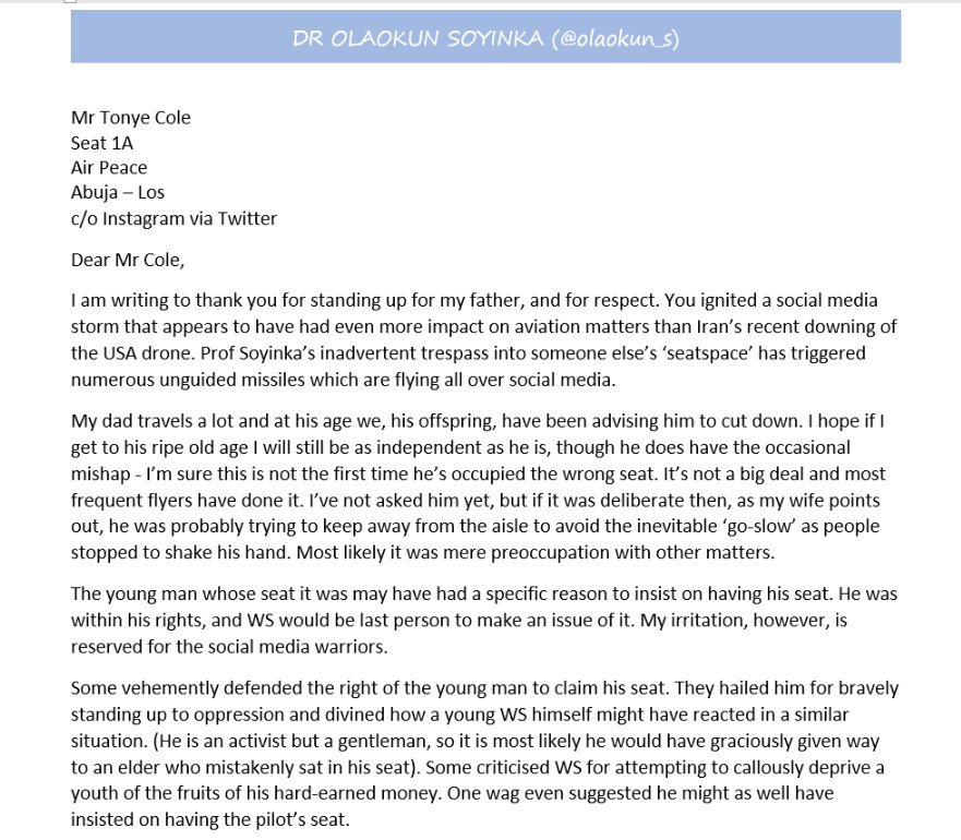 Wole Soyinka's Son Fires Back At 'Twitter Warriors' Over Dad’s Flight Encounter With Young Nigerian 2