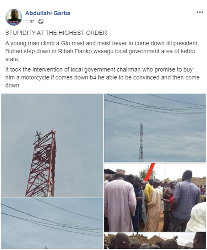 Man Climbs Mast In Kebbi, Vows Not To Come Down Till President Buhari Resigns [Photos] 3