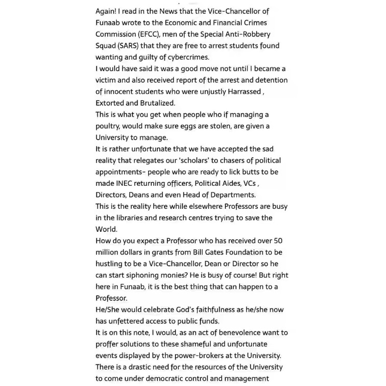 FUNAAB Student Expelled For Writing Open Letter To VC On Facebook About Insecurity In The School 8