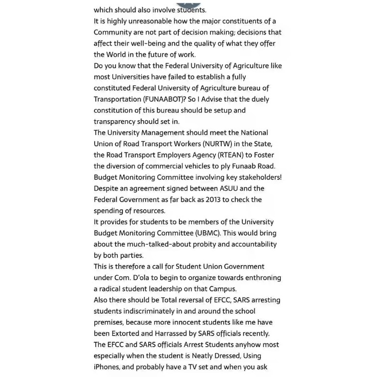 FUNAAB Student Expelled For Writing Open Letter To VC On Facebook About Insecurity In The School 9