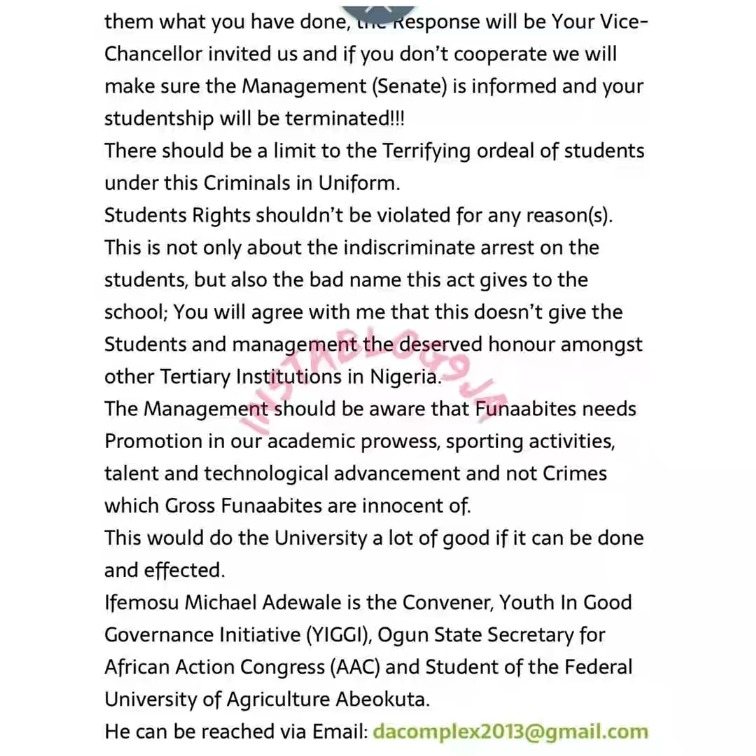 FUNAAB Student Expelled For Writing Open Letter To VC On Facebook About Insecurity In The School 10