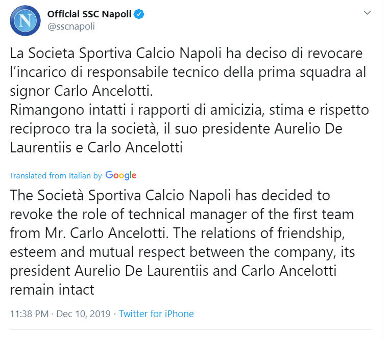 Carlo Ancelotti Sacked: Napoli sacks Coach Carlo Ancelotti Despite Qualifying For Champions League Round 16 2