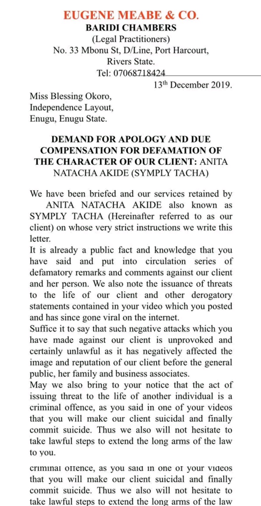 Tacha Drags Blessing Okoro To Court, Demands N20 Million For Defamation Of Character 3