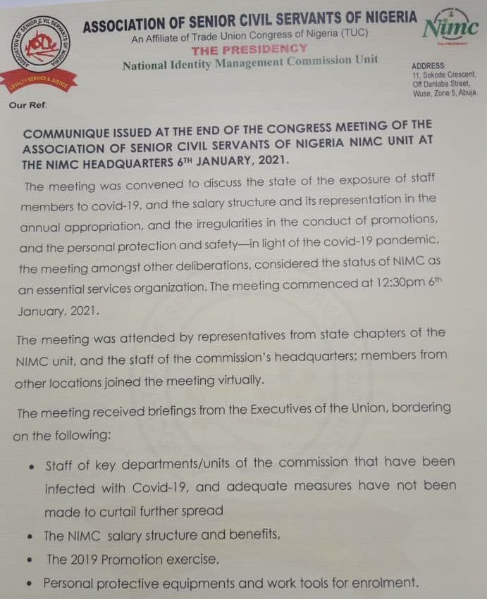 NIN Registration: NIMC Workers Embark On Strike Over Welfare Issues, Exposure To COVID-19 3