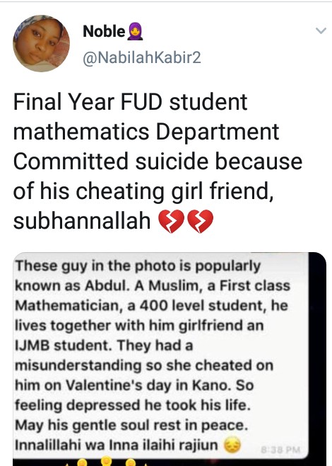 FUD Final Year Student Commits Suicide After Girlfriend Cheated On Him On Valentine's Day 3