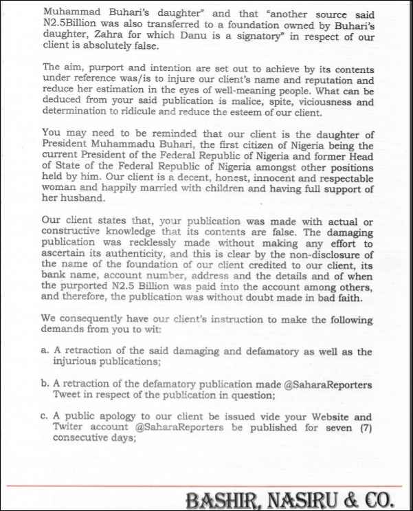 Buhari's Daughter, Zahra Demands Apology From Sahara Reporters Over Defamatory Publication 4