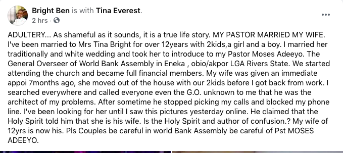 Nigerian Man Cries Out After Pastor Married His Wife On Instruction Of 'Holy Spirit' 1