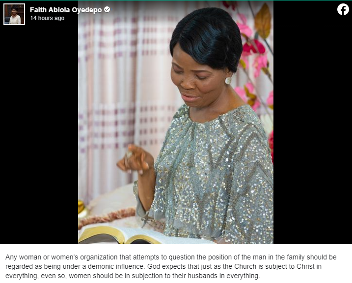 Any Woman Questioning Man’s Authority Is Under Demonic Influence – Bishop Oyedepo’s Wife 1