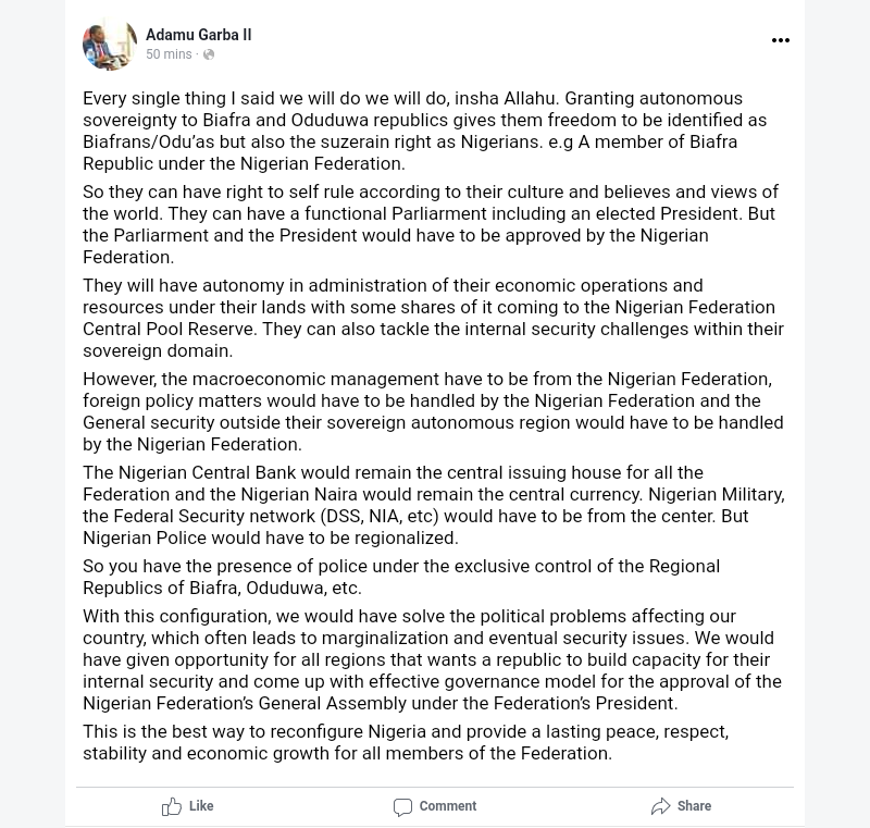 Adamu Garba Vows To Grant Sovereignty To Biafra, Oduduwa Republic If Elected President