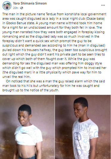 Crossdresser Posing As 'Prοstitute' Caught After Going Home With Man For Sεx In Benue 10 Crossdresser Posing As 'Prοstitute' Caught After Going Home With Man For Sεx In Benue