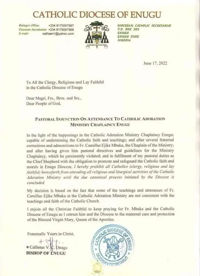 Catholics Banned From Attending Father Mbaka’s Adoration Ministry In Enugu 1