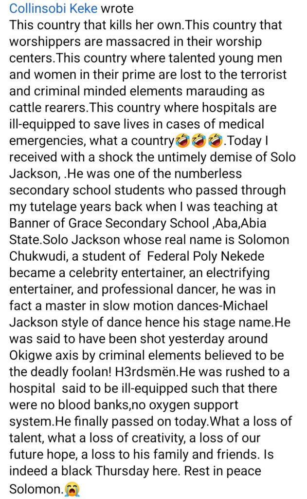 Fast-Rising Dancer, Solo Jackson Shot Dead By Suspected Herdsmen In Imo [Photos]