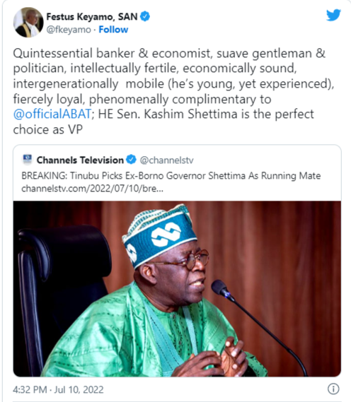 2023: Kashim Shettima Is Perfect As Bola Tinubu’s Running Mate - Festus Keyamo