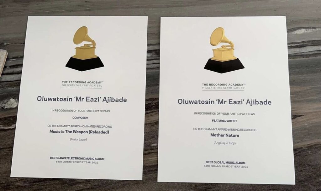 Mr Eazi Flaunts Two Grammy Certifications He Received