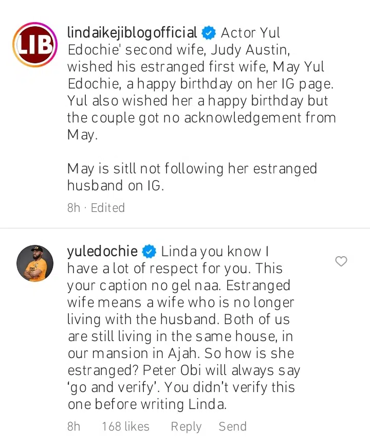 Yul Edochie Says He's Still Living Together With His First Wife Despite Their Marital Crisis