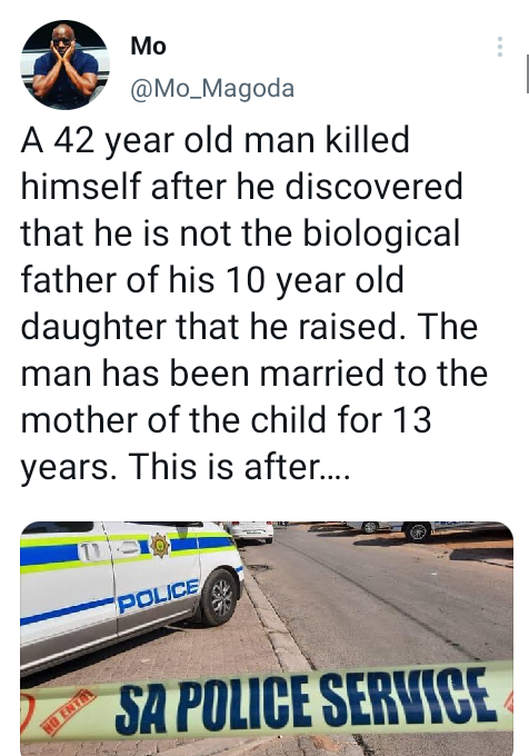 Man Commits Suicide After Discovering He's Not Biological Father Of His 10-Year-Old Daughter
