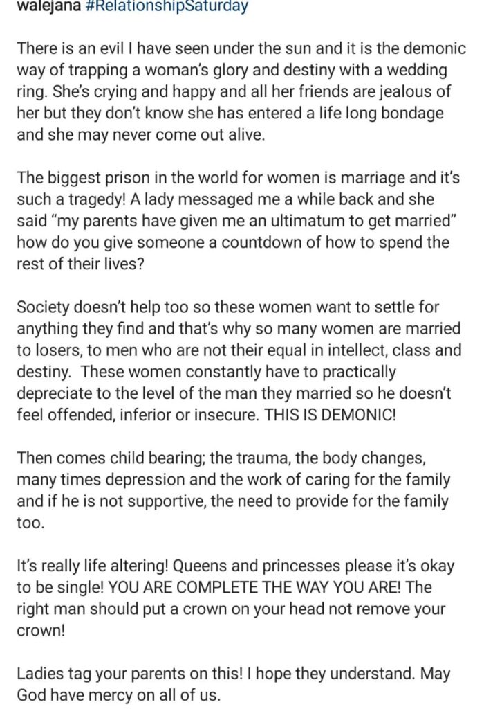 Marriage Is Women's Biggest Prison, It Traps Their Glory And Destiny - Wale Jana
