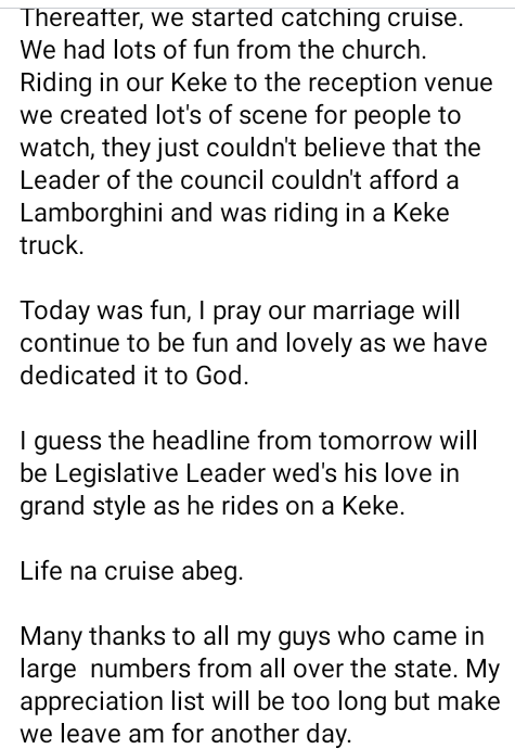 Enugu Legislative Leader And His Bride Arrive Their Wedding Reception In Keke Napep [Photos]