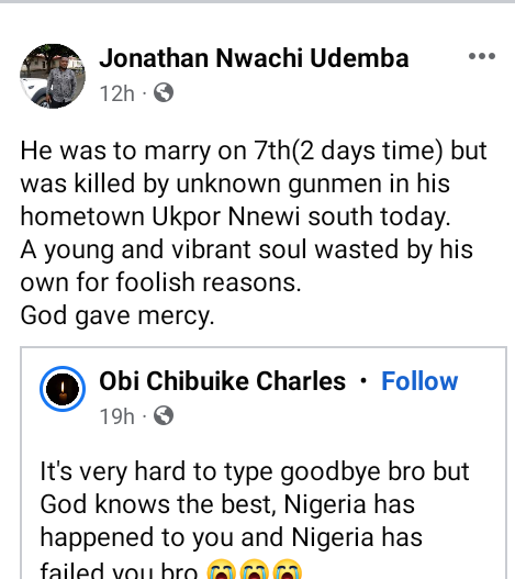 Gunmen Kill Young Man Two Days To His Traditional Wedding In Anambra [Photos]