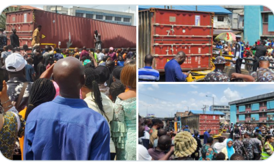 Passengers Trapped As Container Falls On Fully Loaded Bus At Ojuelegba Bridge [Photos/Video]