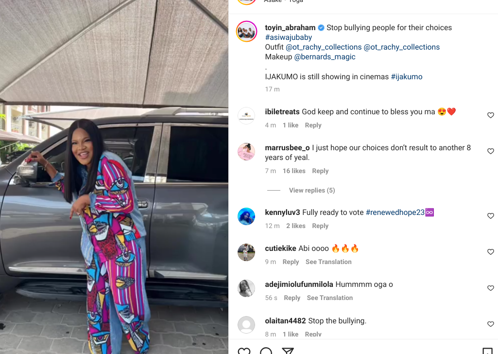 2023: Stop Bullying Us For Supporting Tinubu – Actress Toyin Abraham Cries Out