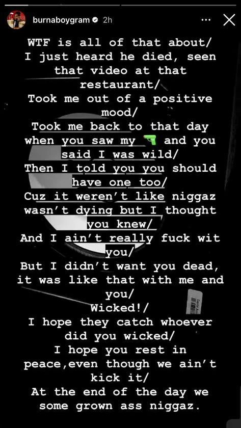 "I Told You To Buy Gun, I Didn't Want You Dead" - Burna Boy Mourns AKA, Recounts Their Beef