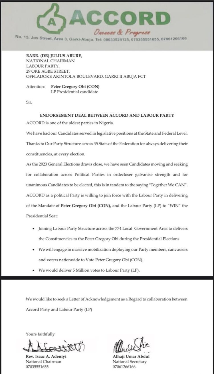 Accord Party Collapses Structure Into Labour Party, Endorses Peter Obi