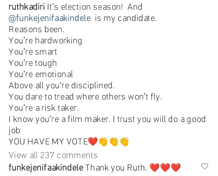 Funke Akindele Reacts As Ruth Kadiri Endorses Her Ahead Of Lagos Governorship Elections