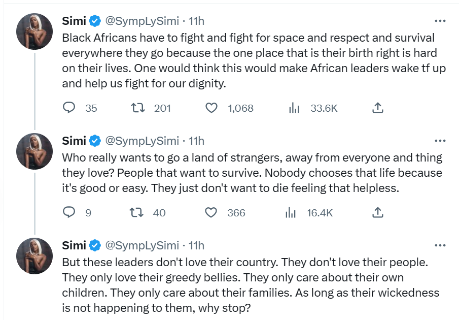 Simi Attacks African Leaders, Says They Only Love Their Greedy Bellies And Families