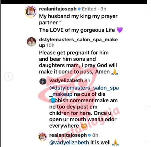 Actress Anita Joseph Replies Fan Who Advised Her To Bear Children For Her Husband