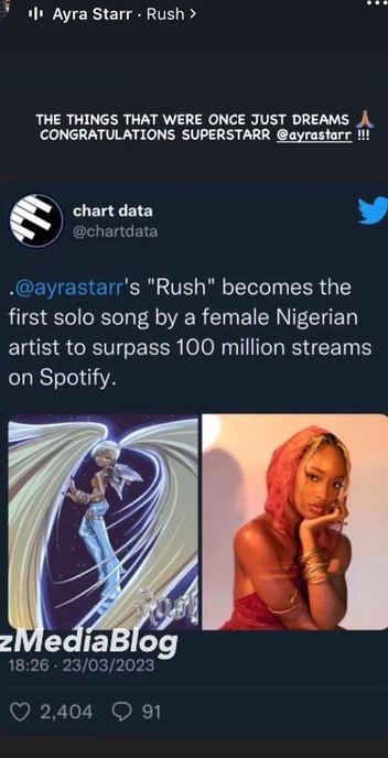 Ayra Starr Congratulates Herself As She Breaks Record On Spotify