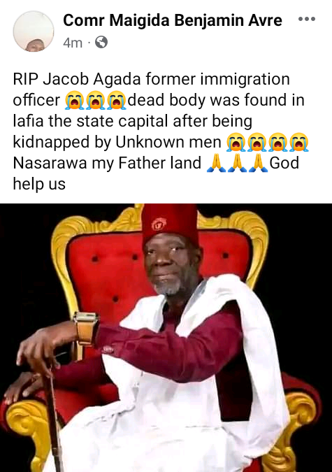 Retired Immigration Officer, Jacob Agada Kidnapped, Killed By Gunmen In Nasarawa 2 Retired Immigration Officer, Jacob Agada Kidnapped, Killed By Gunmen In Nasarawa