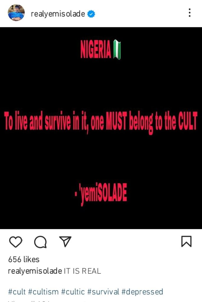 Actor Yemi Solade Cries Out Over Depression, Says "To Live And Survive In Nigeria You Must Belong To A Cult” 3 Actor Yemi Solade Cries Out Over Depression, Says "To Live And Survive In Nigeria You Must Belong To A Cult”
