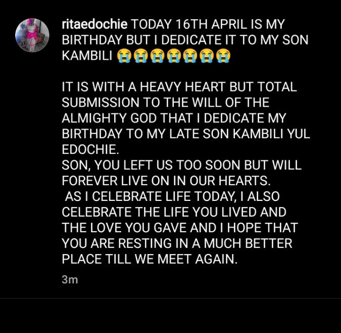 Rita Edochie Mourns Yul Edochie’s Late Son Kambily, Dedicates Her Birthday To Him