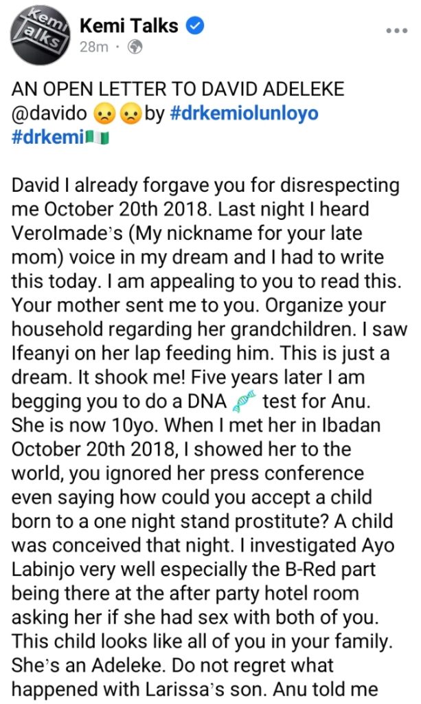 "Your Mother Sent Me" - Kemi Olunloyo Begs Davido To Do DNA Test On Child He Denied 10-Year Ago 2 "Your Mother Sent Me" - Kemi Olunloyo Begs Davido To Do DNA Test On Child He Denied 10-Year Ago