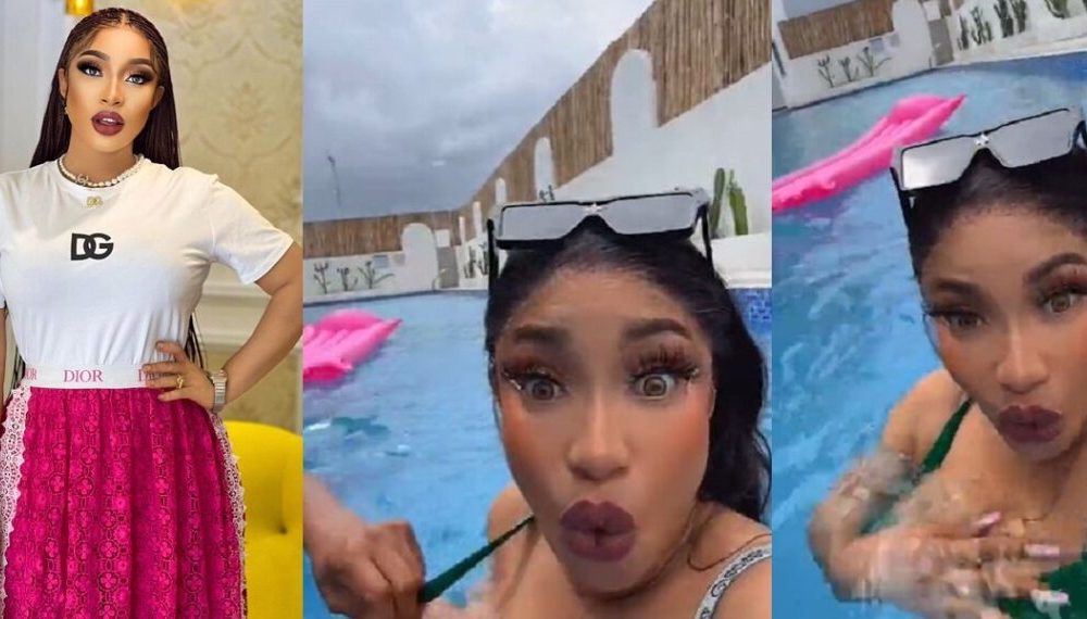 “Na Man Come Arrange Bra” – Fans React As Tonto Dikeh Suffers Nip Slip In Swimming Pool [Video]