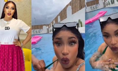“Na Man Come Arrange Bra” – Fans React As Tonto Dikeh Suffers Nip Slip In Swimming Pool [Video]