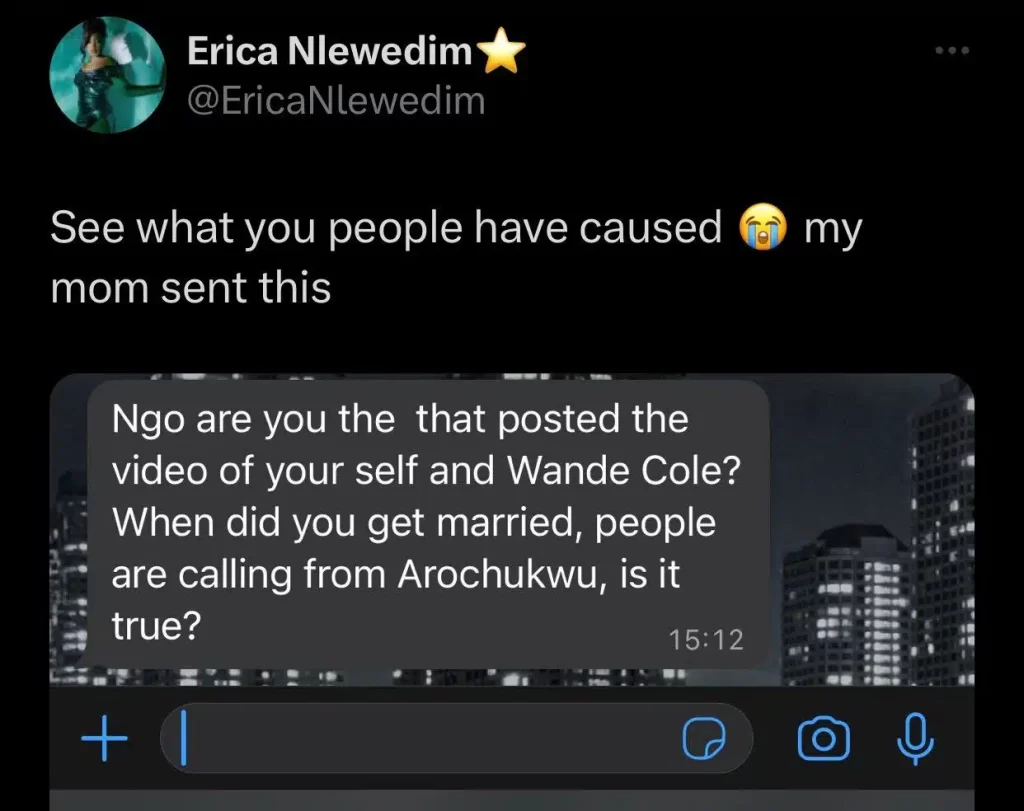 Erica Nlewedim’s Mother Reacts To Her Rumoured Secret Marriage To Wande Coal