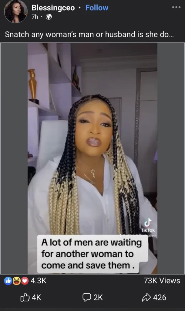 “Snatch Another Woman’s Man If She Doesn’t Know How To Take Care Of Him” – Blessing CEO [Video]