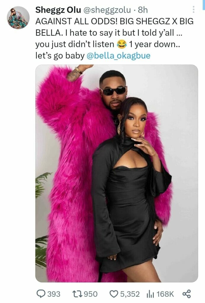 "Against All Odds” - BBNaija’s Sheggz And Bella Celebrate One Year Anniversary