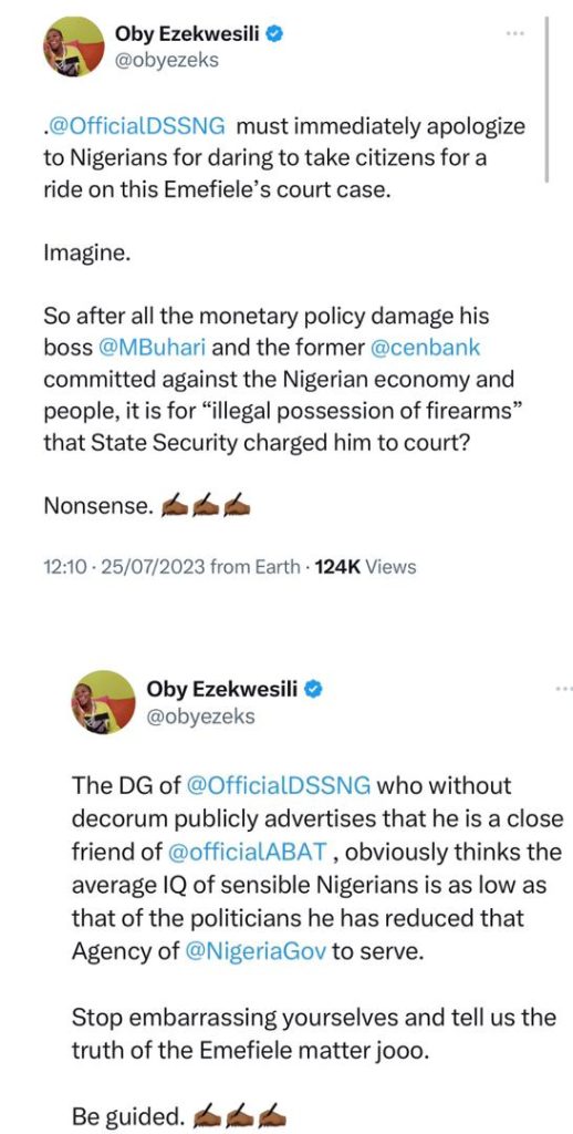 "Stop Embarrassing Yourselves" - Oby Ezekwesili Slams DSS Over Emefiele's Arraignment 2 "Stop Embarrassing Yourselves" - Oby Ezekwesili Slams DSS Over Emefiele's Arraignment