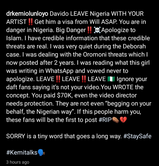 "Davido Should Flee Nigeria” - Kemi Olunloyo Warns Amidst Muslim Backlash 2 "Davido Should Flee Nigeria” - Kemi Olunloyo Warns Amidst Muslim Backlash