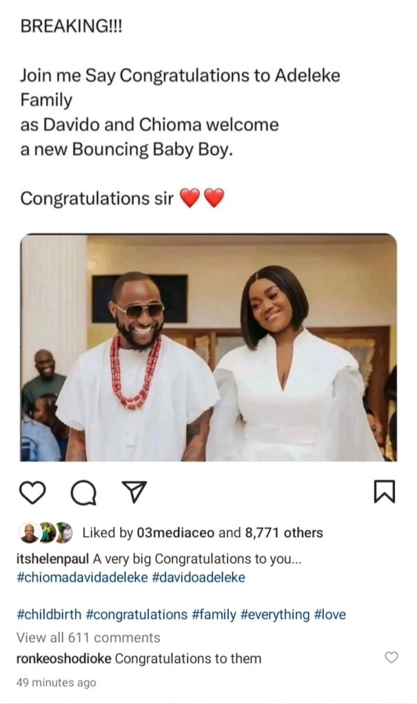 Congratulations Pour In As Davido's Wife, Chioma Reportedly Welcomes Baby Boy In London