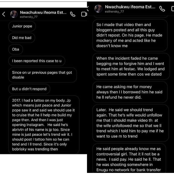 Esther Nwachukwu Reveals How She Had Extramarital Affairs With Junior Pope