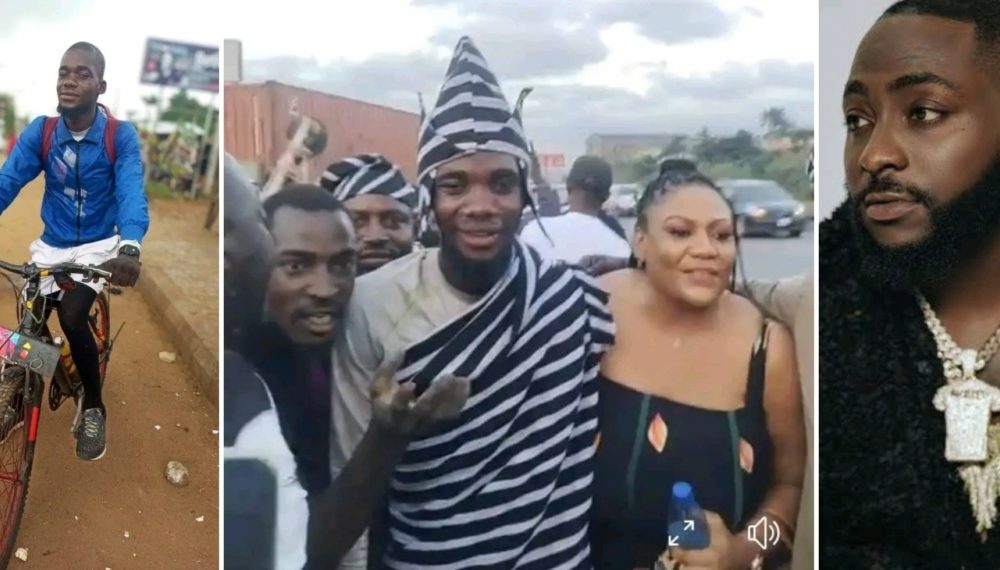 Davido's Fan Who Rode On Bicycle For 15 Days From Benue Gets Heroic Welcome In Lagos [Video]