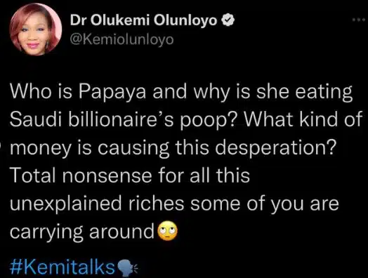 "Papaya Is Eating Saudi Billionaires’ Poop For Money" – Kemi Olunloyo Alleges