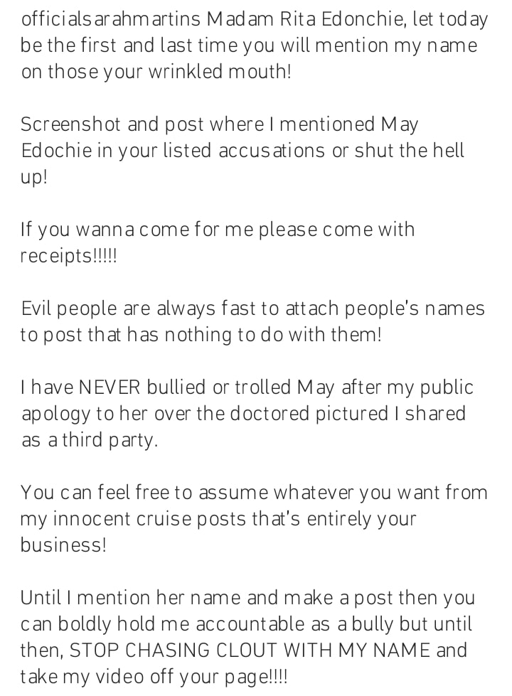 "Keep My Name Out Of Your Wrinkled Mouth" - Sarah Martins Fires Back At Rita Edochie