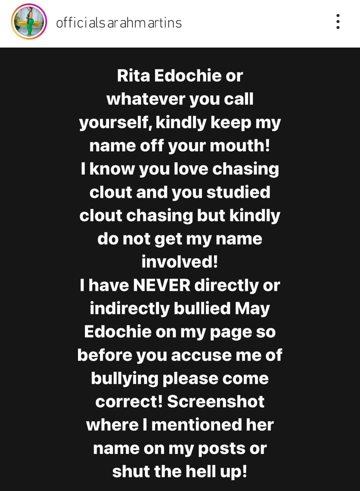 "Keep My Name Out Of Your Wrinkled Mouth" - Sarah Martins Fires Back At Rita Edochie